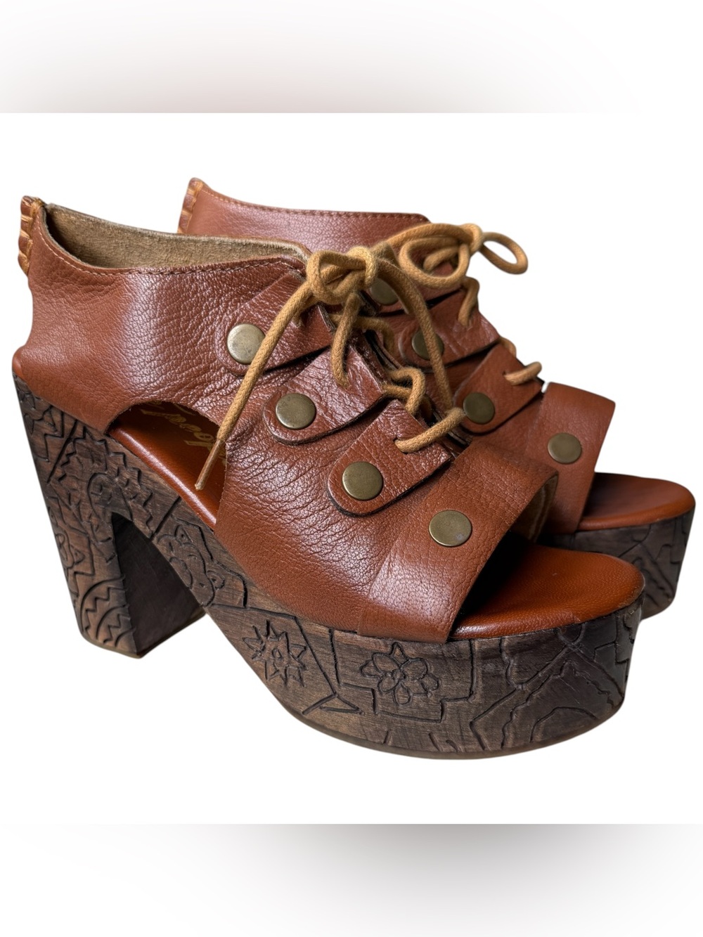 Free People Platform Clog Heels Womens 38 7.5 Brown Leather Wood Farrah Lace Up